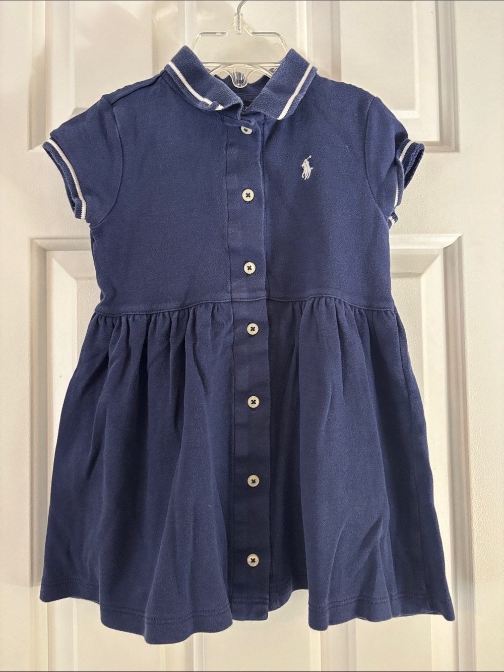 Ralph Lauren Girls' Navy Polo Button-Front Dress with White Trim